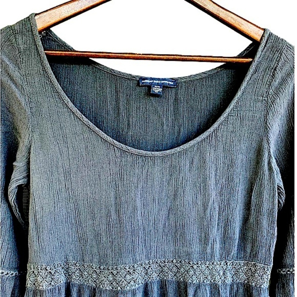 American Eagle Outfitters Grey Gauze Swing Dress 3/4 Sleeve Scoop Neck Size M - Picture 10 of 10